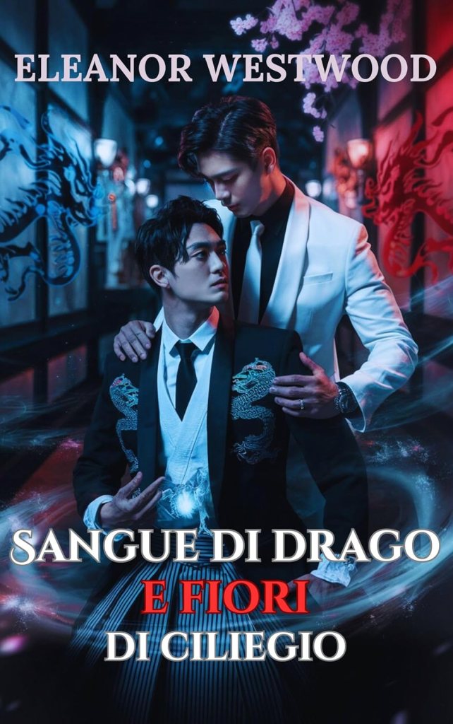 Copertina del libro romance m/m urban fantasy romantasy intitolato Sangue di drago e fiori di ciliegio di Eleanor Westwood.