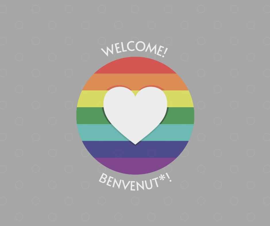 Immagine di benvenut* con un un cuore e la bandiera arcobaleno del movimento LGBTQ+